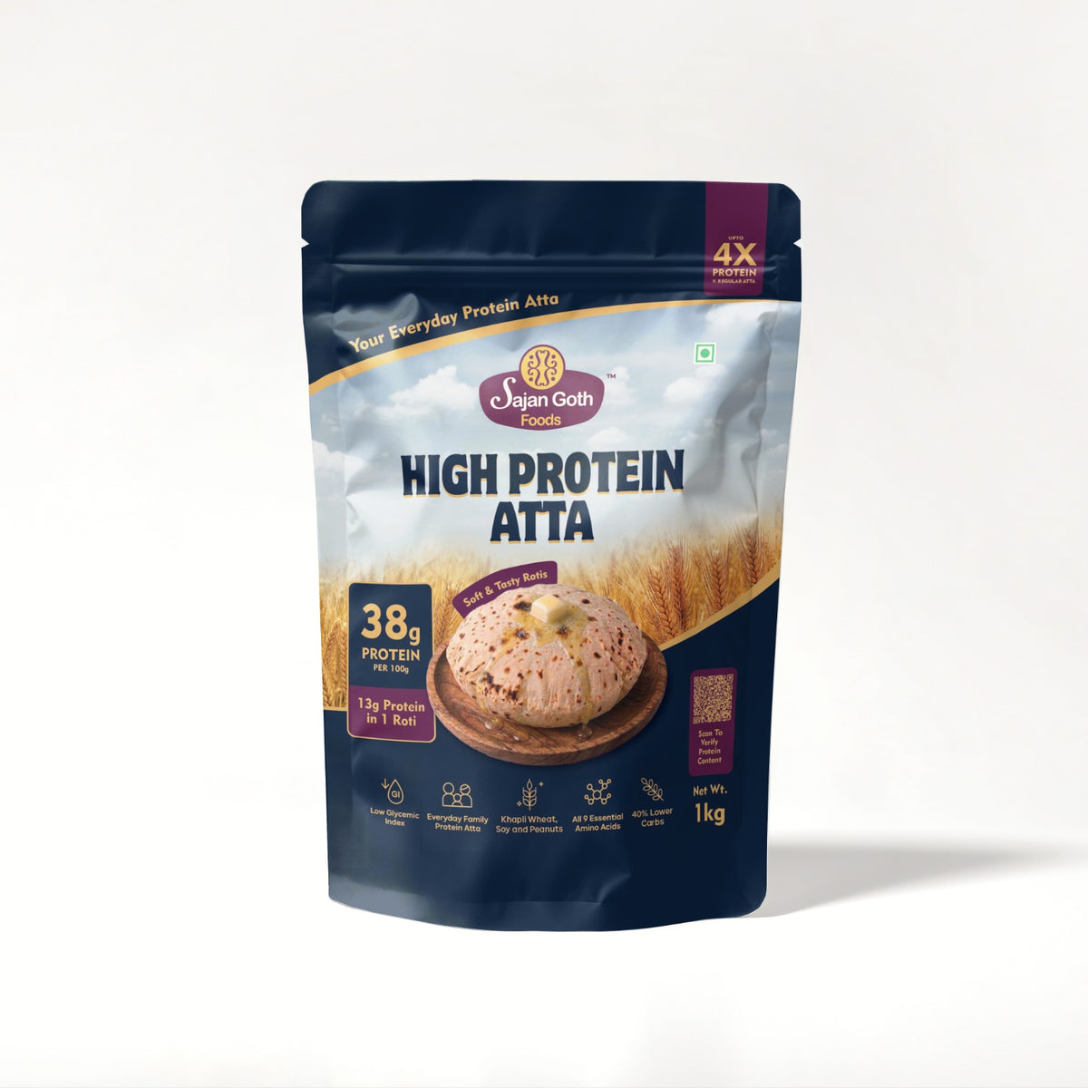 A 1kg stand-up pouch of Japan Goth High Protein Atta on a clean white background. The packaging is dark blue with a wheat field graphic, a picture of prepared dosa, and text highlighting 38g protein per 1 bowl.